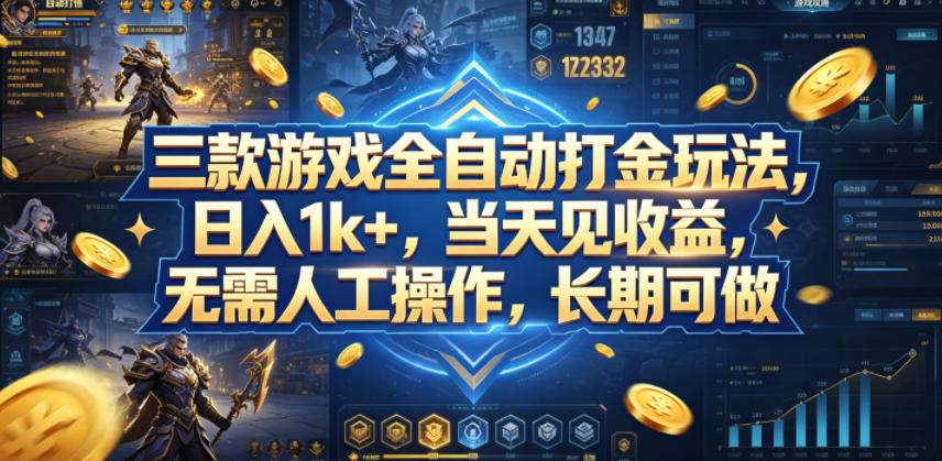 三款游戏全自动打金玩法，日入1k+，当天见收益，无需人工操作，长期可做【揭秘】-数码之翼