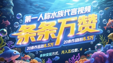 第一人称水族代言视频，条条万赞，20条作品涨粉7.8W，多种变现方式月入五位数-数码之翼